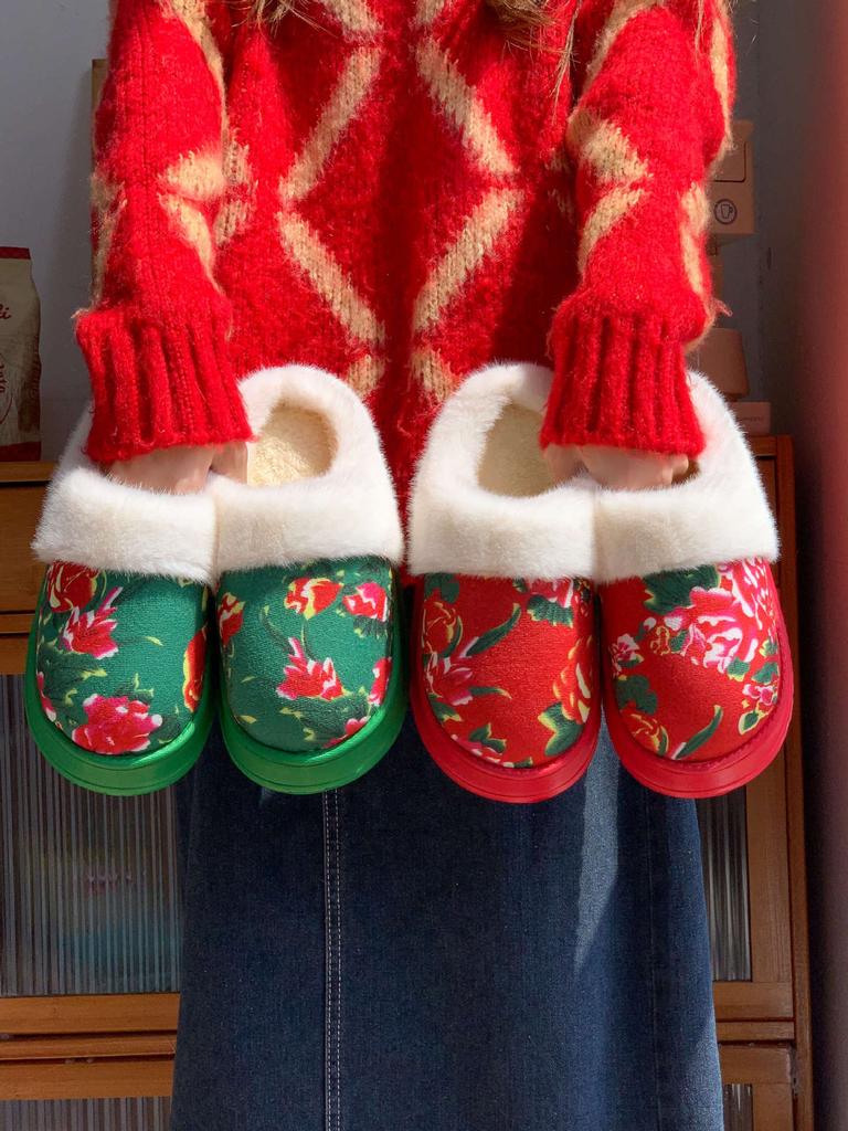 Northeast Big Flower Padded Jacket Wind Warm Cotton Slippers Winter Velvet Warm Non-slip Thick Bottom Home Indoor Plush Cotton Shoes