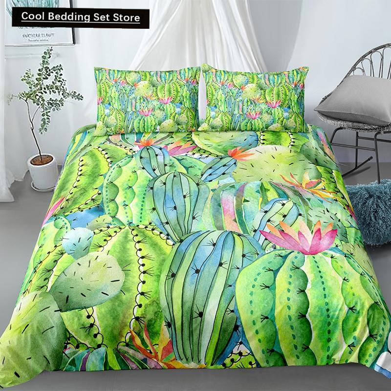 Cactus King Queen Duvet Cover Succulents Bedding Set for Kids Teens Adults Green Botanical Flowers 2/3pcs Polyester Quilt Cover