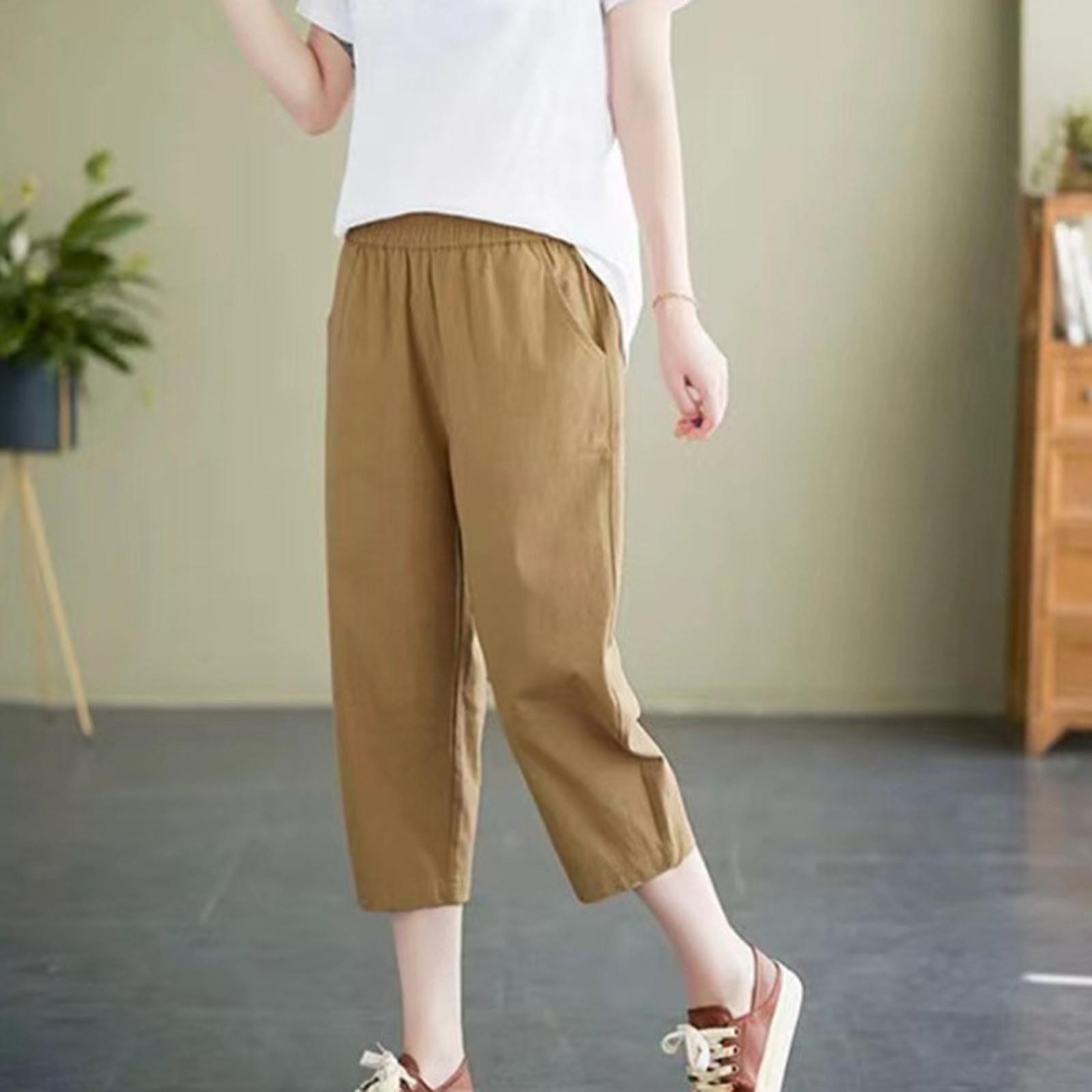 

Женские модные повседневные свободные однотонные тонкие хлопковые льняные брюки с высокой талией 7/10 XXL хаки