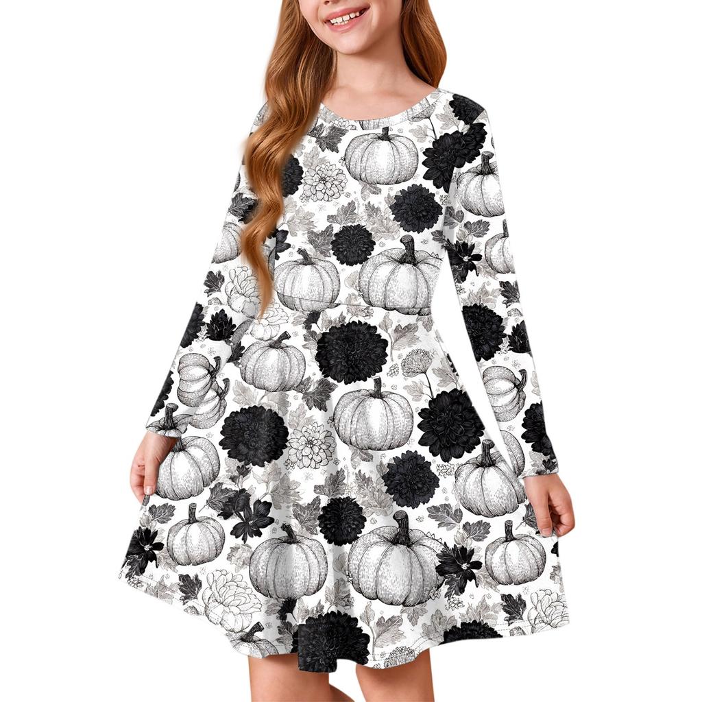 Girls' Summer Princess Dress Halloween Day- Long Sleeve A-Line T-Shirt Dress