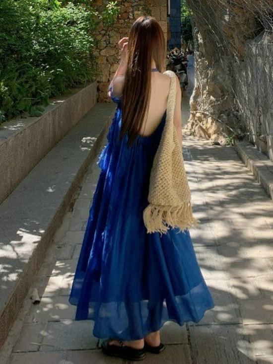 Erhai Blue Resort Backless Spaghetti Strap Long Dress