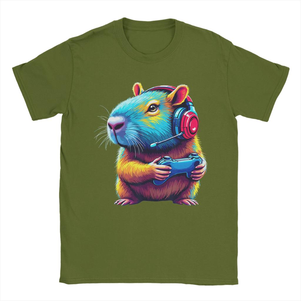 Capybara Gamer Funny Video Games Capybara TShirts for Men  Vintage  Cotton Tees Round Neck Short Sleeve T Shirts XL Tops