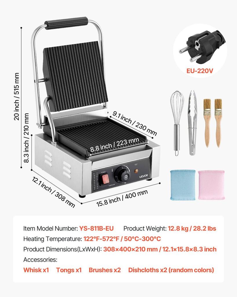 Commercial Panini Press Grill Sandwich Maker Griddle Plate 22x23 cm