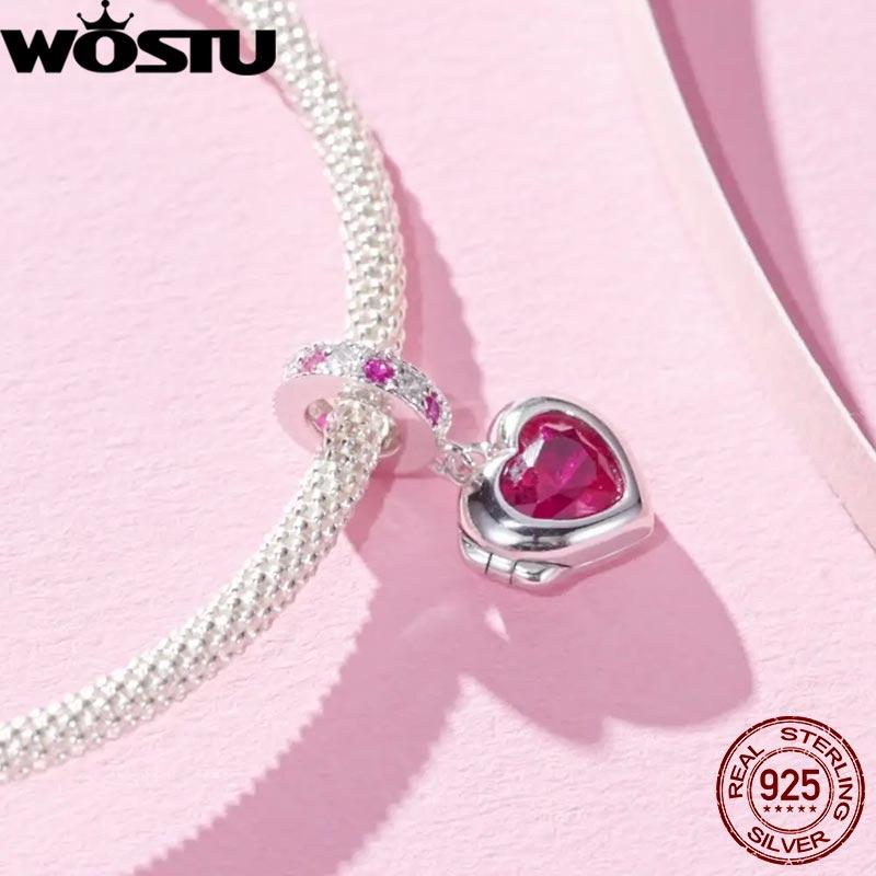 WOSTU 925 Silver Valentine Gift Openable Red Heart Charms Love Pendant mom Bead Fit Bracelet Necklace DIY Jewelry Gift
