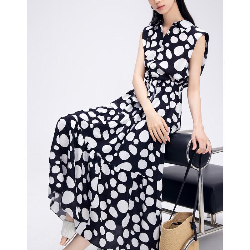 Women's Lapel Polka Dot Sleeveless Long Dress