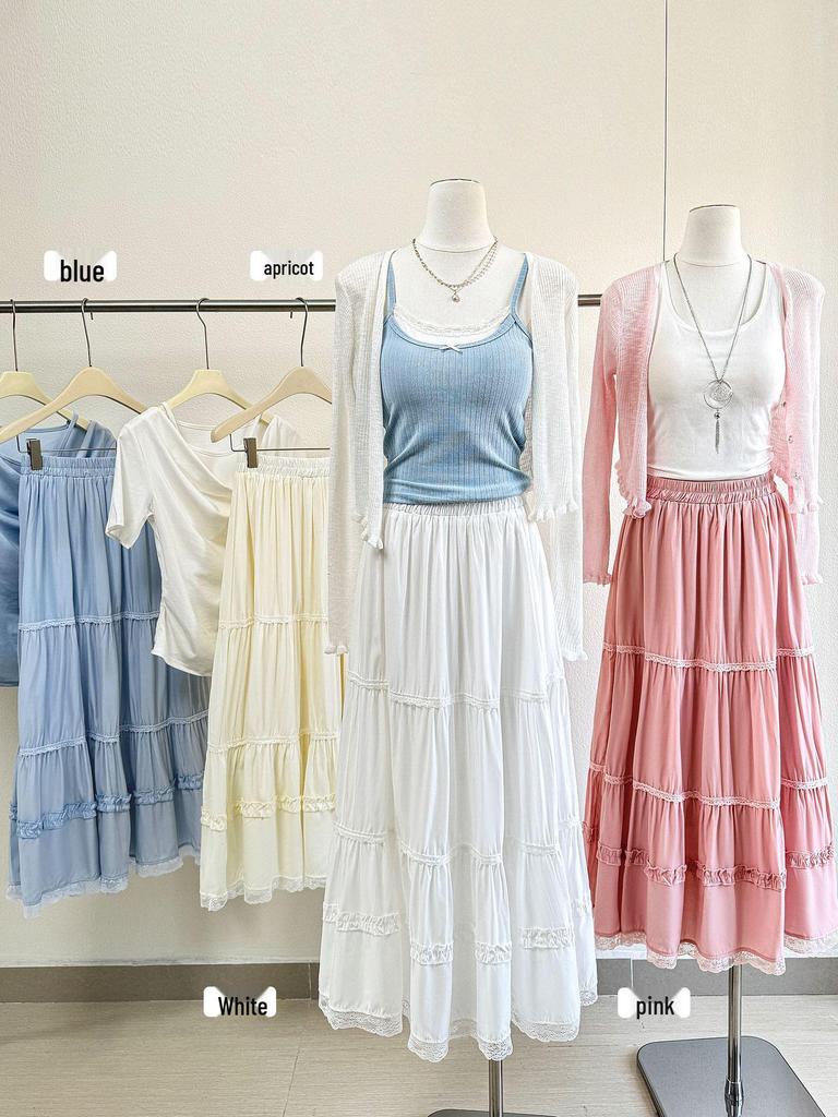 2026 Spring/Summer A-Line Wood Ear Lace Trimmed Mid-Length Skirt with Flowy Layered Hem