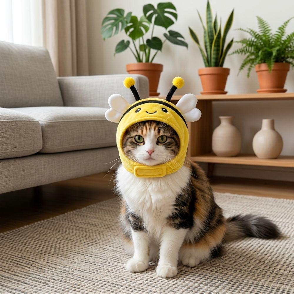 Warm Bee Cat Costume Hat Soft Plush Kitten Cosplay Headgear Cute Whale Pet Hood Holiday Party