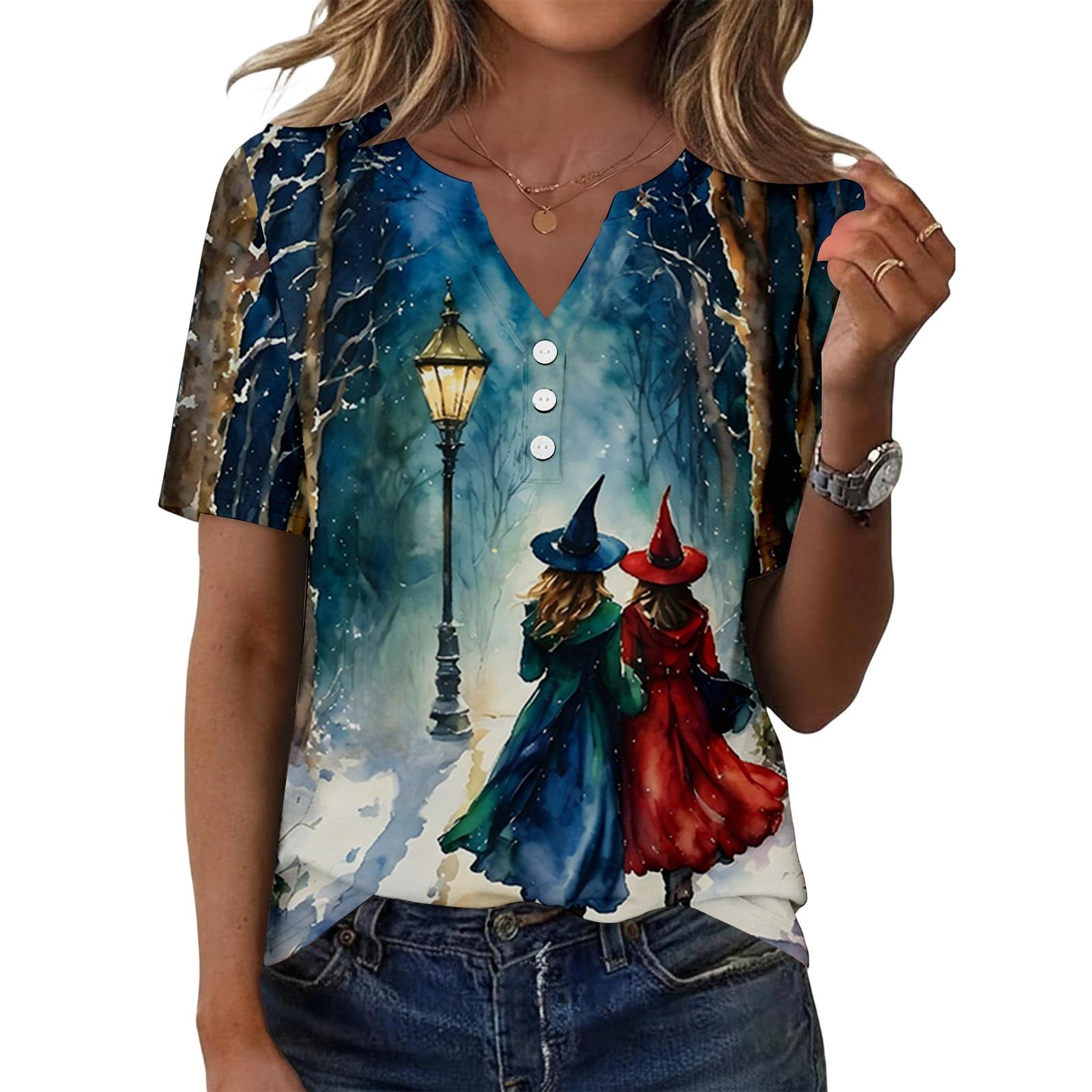 Women s Casual Halloween Print V-Neck Short Sleeve Button T-Shirt Top L
