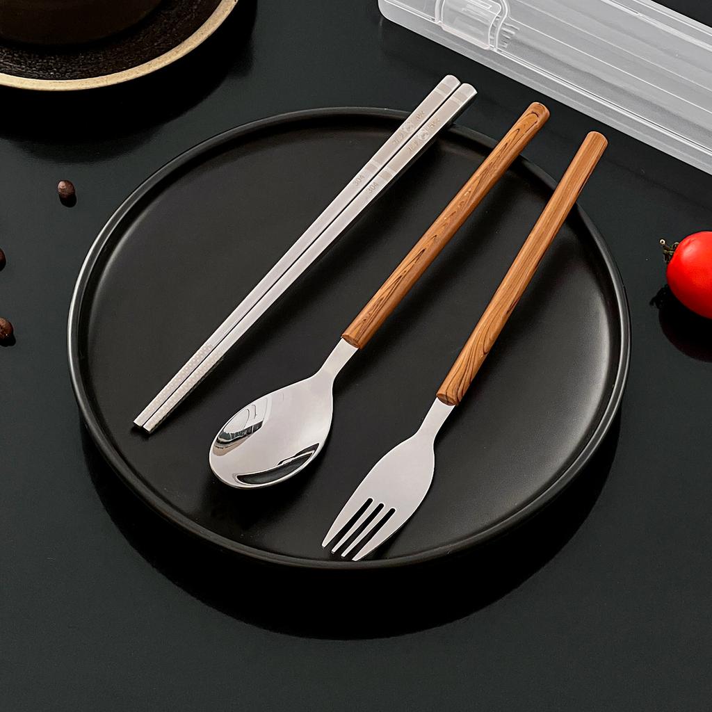 4Pcs/Set Picnic Cutlery Set Wood Grain Handle 304 Stainless Steel Fork Spoon Chopsticks With Case Outdoor Portable Dinnerware