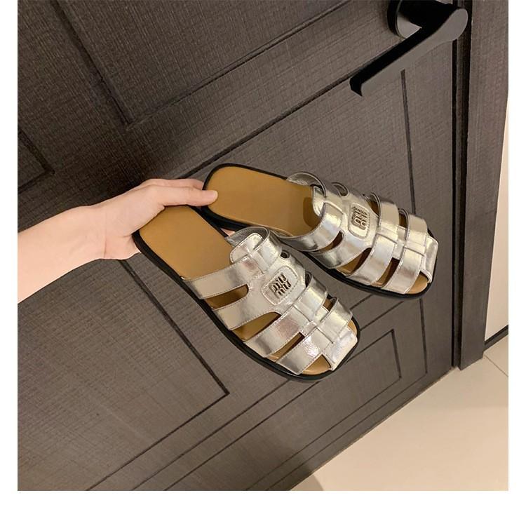 Cowhide version~ silver woven leather soft bottom half slippers women's summer hollow bag head Muller slippers French cool slippers