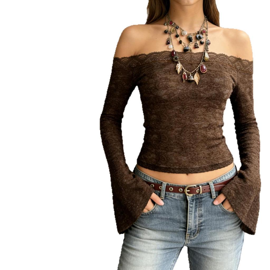 Melaleuca Brown One-Shoulder Lace Bell Sleeve Slim-Fit T-Shirt