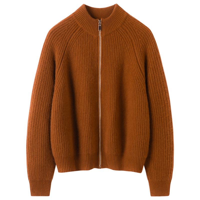 Women's Thick Striped Knit Cashmere Cardigan, Half-High Collar, Long Sleeve, Loose Fit, Slimming Outerwear for Autumn and Winter