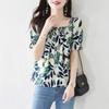Women's Summer Short Loose Square Neck Chiffon Shirt Short Sleeve Commuter Floral Blouse