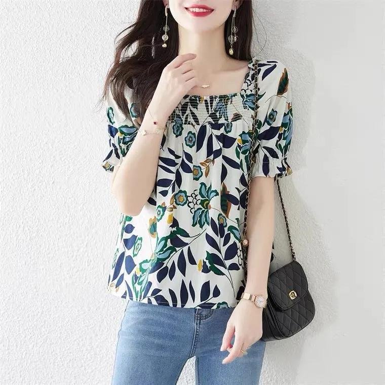 Women's Summer Short Loose Square Neck Chiffon Shirt Short Sleeve Commuter Floral Blouse