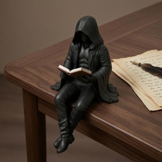 Statua di Uomo con Veste che Legge Mistero Gotico Statuetta Lettura Fantasy Veste Nera Scultura Seduta per Decorazione Libreria Scrivania di Halloween