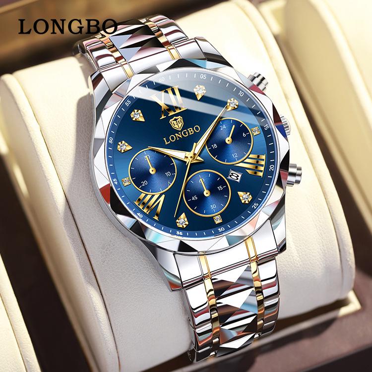 Longbo Men's Luxury Quartz Luminous Waterproof Roman Skeleton Wristwatch