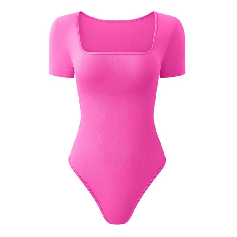 Women's Square Neck Bodysuit Ribbed Short Sleeve Sports Yoga Shapewear