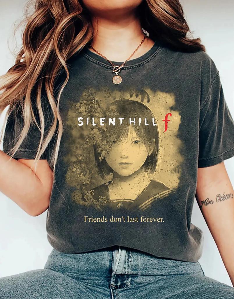 Classic Game Tees Vintage Washed Silent Hill F Horror GameGraphic Print Enthusiast Psychological Fans Tee Men Women Cotton Top