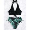 Blätterprint Patchwork Damen Badeanzug Sexy V-Ausschnitt Bikini Set Neckholder Rückenfrei Bademode Push-Up Kordelzug Badeanzug Strandmode