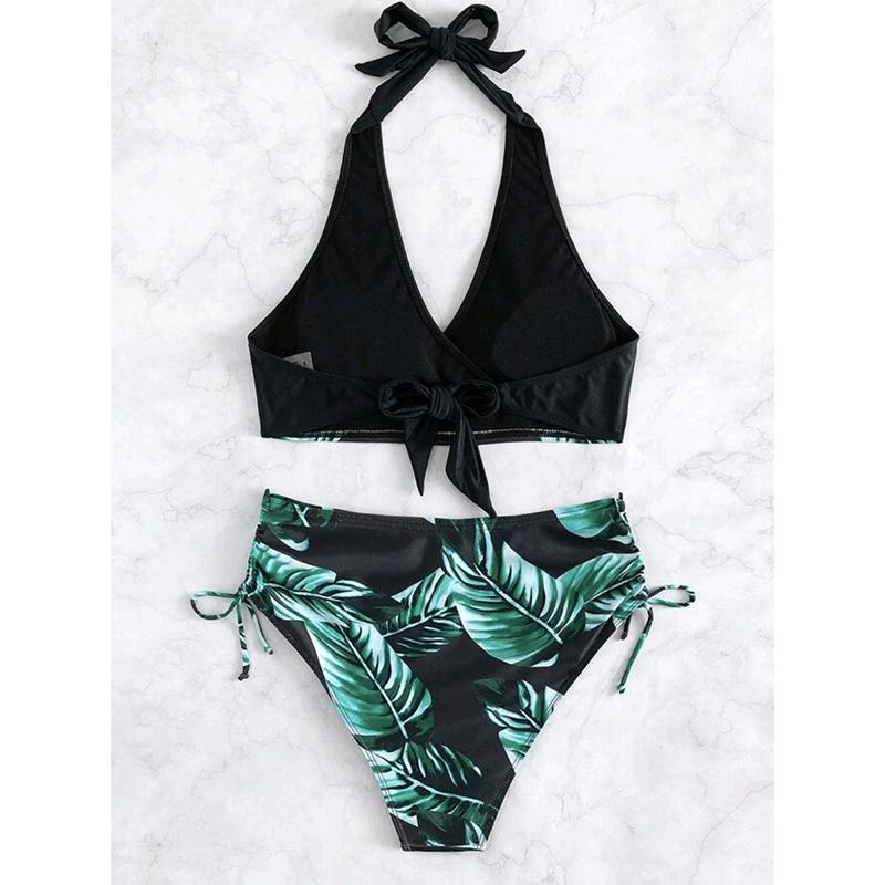 Leaf Print Patchwork Women's Swimsuit Sexy V Neck Bikini Set Halter Backless Swimwear Push Up Drawstring Bathing Suit Beachwear