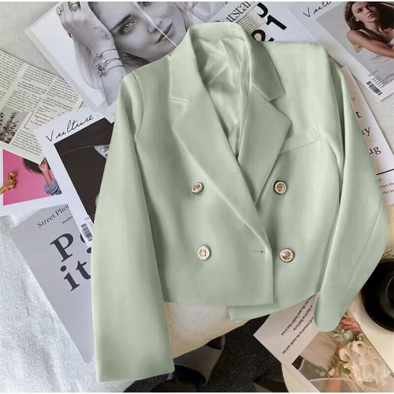 Women's Slim Fit Double-Breasted White Blazer, High-Waisted, Long-Sleeved, Short Suit for Spring/Autumn 2024, Petite Temperament.