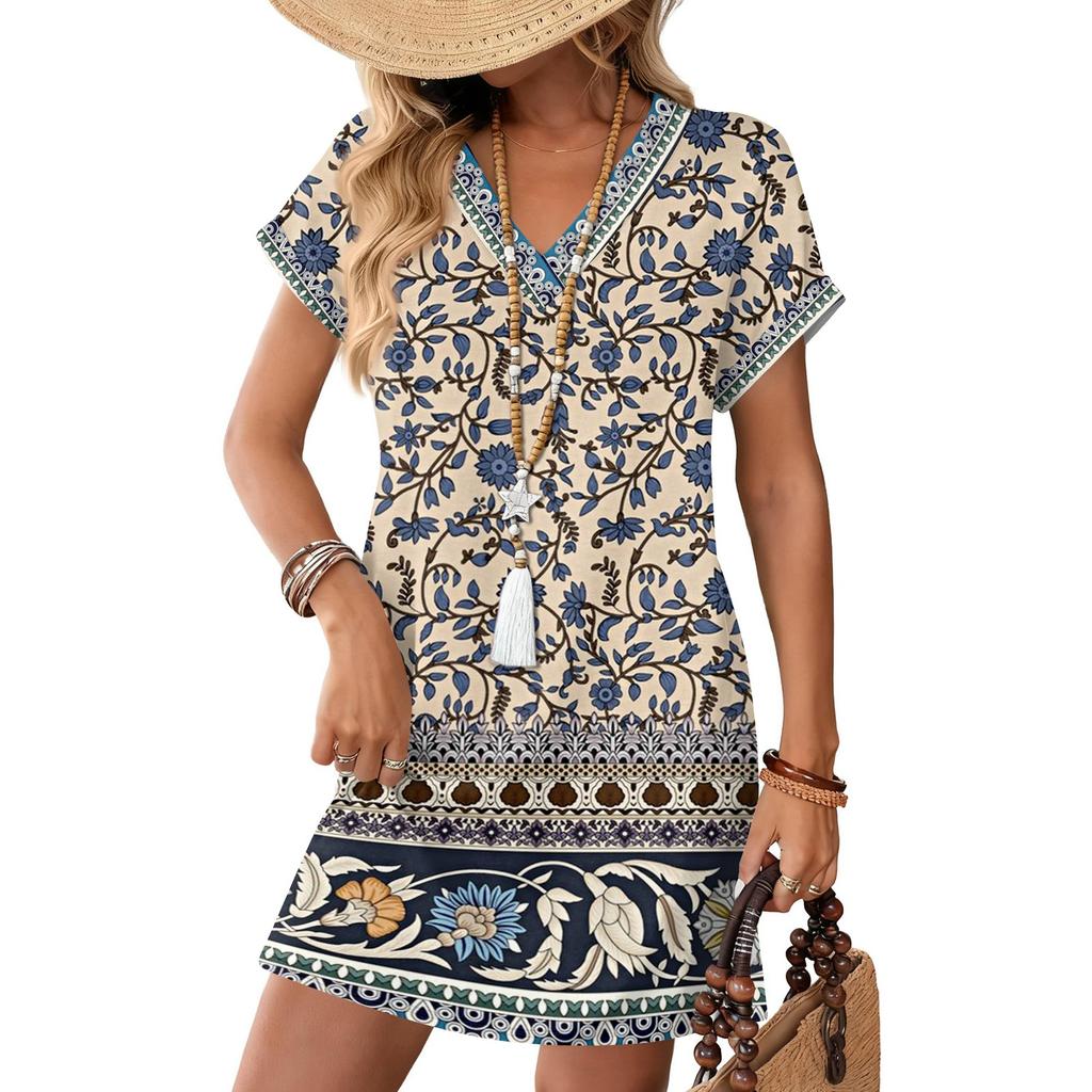 Women's Fashion Print V-Neck Short Sleeve Pocket Casual Pullover Dress