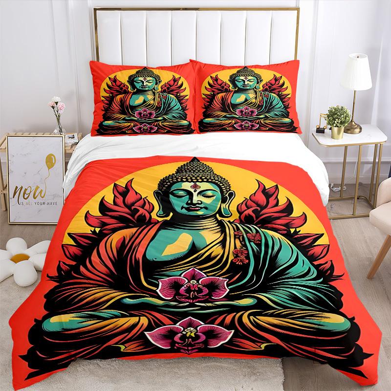 3pcs Buddha Lotus Bedding Set, Includes 1 Comforter + 2 Pillowcases, Without Pillow Inserts, Soft Comfortable, Lightweight Breathable, Print