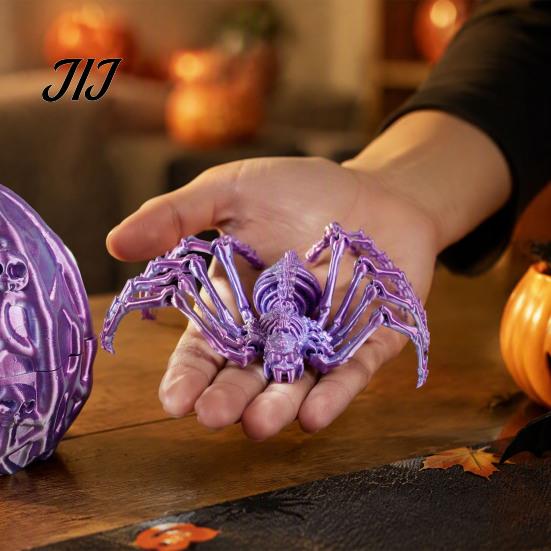 Fun Ritual Surprise Toys 3D Printed Articulated Skeleton Spider with Hollow Egg, Movable Joint Nighttime Scavenger Hunt Props Figurine, Halloween