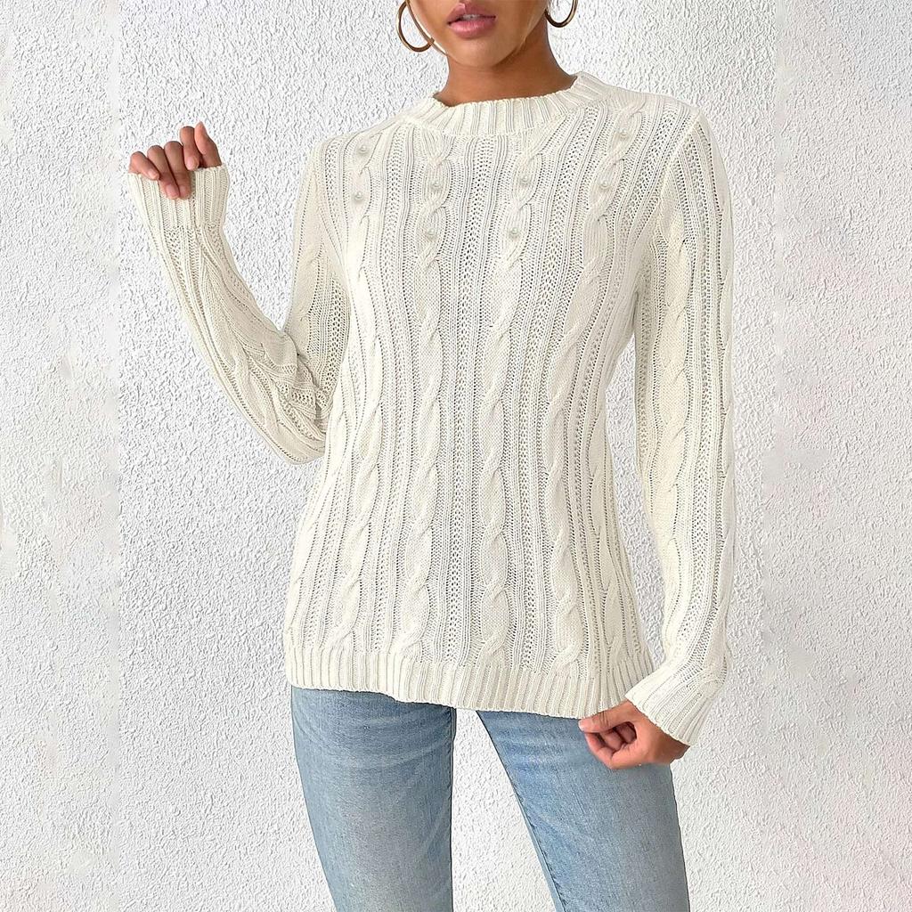 Women's Autumn And Winter New Round Neck Pullover Casual Bottoming Machine Knitting Pearl Beading Long-Sleeved Jumper