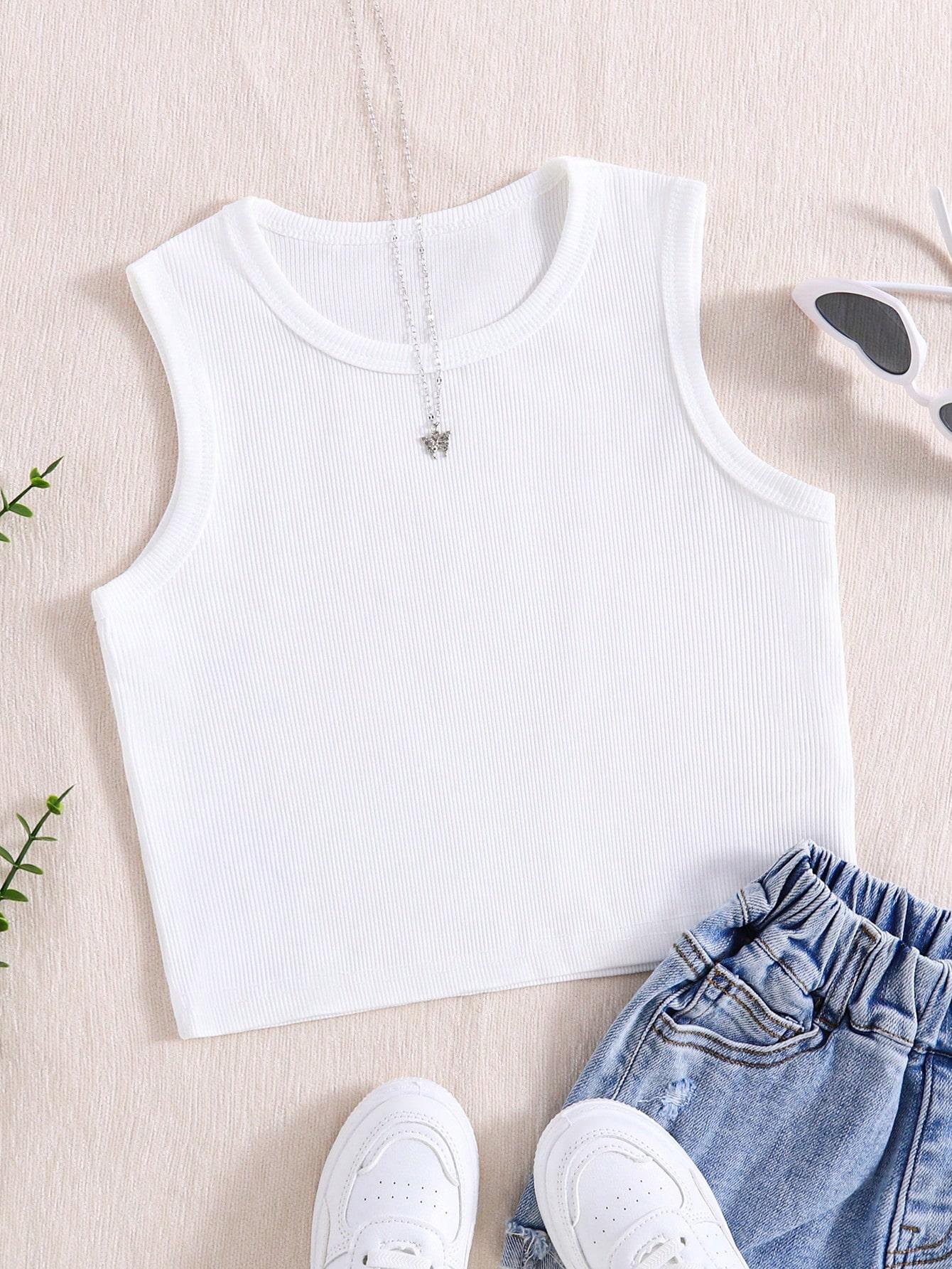 

One-piece girls versatile white knitted ribbed crew neck vest, casual and simple. 4Y белый