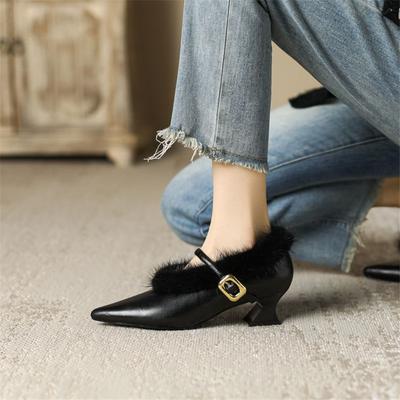Fashion New Autumn Winter Sheep Leather Women Pumps Shoes for Women Fashion Pointed Toe Fur Shoes Zaptos Mujer Mary Jane Shoes Women