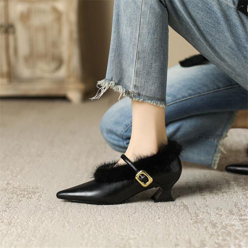 Mote Nye Høst Vinter Saueskinn Dame Pumps Sko for Kvinner Mote Spiss Tå Pels Sko Zaptos Mujer Mary Jane Sko Kvinner