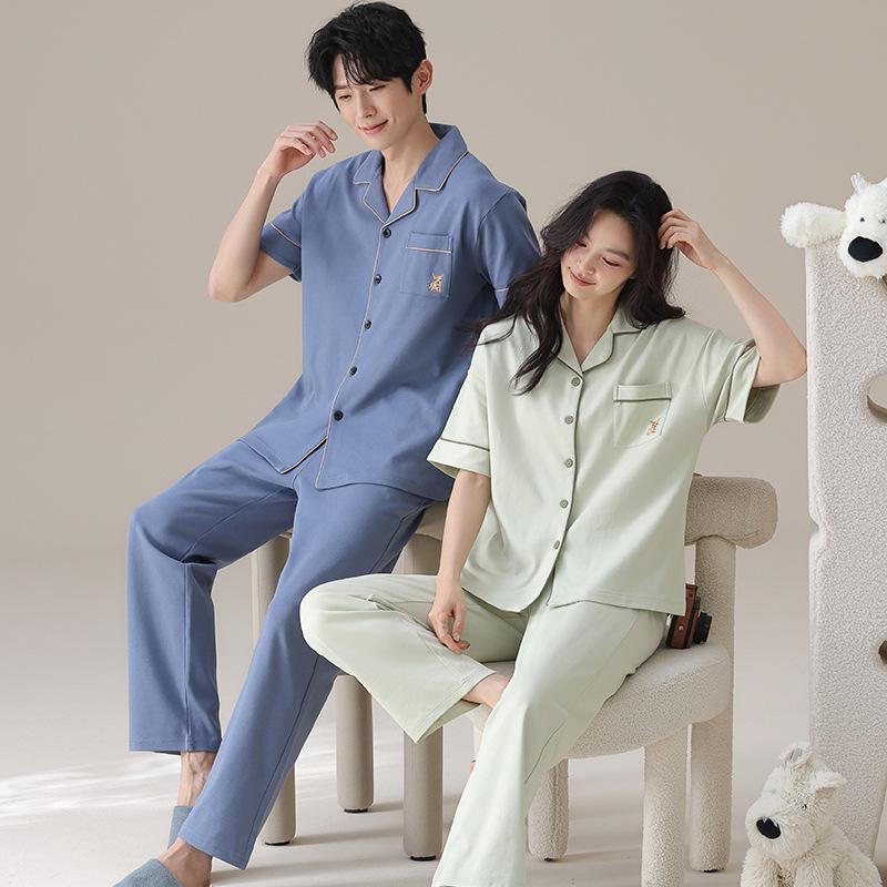 Lycra cotton couple pajamas summer pure cotton short-sleeved trousers loose and cool can be worn outside men's loungewear suit