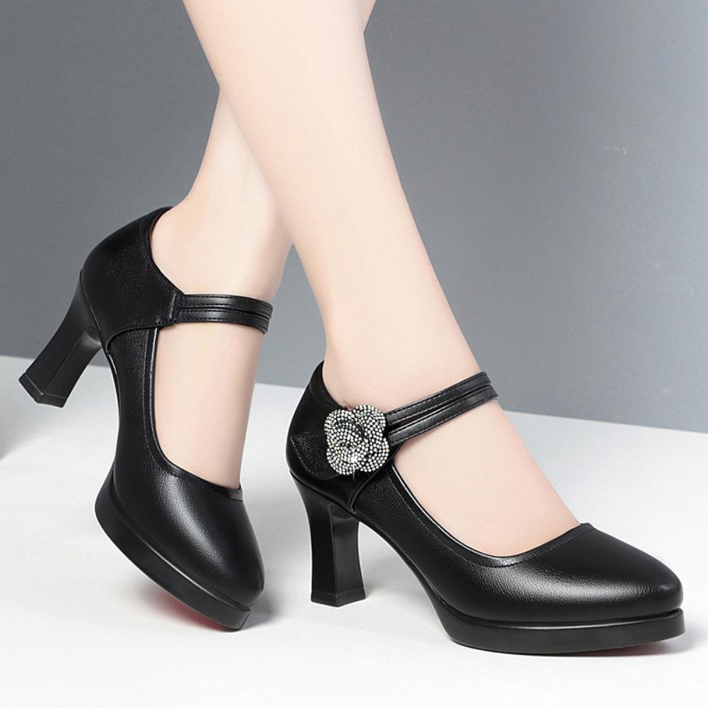 Women's Office Soft Leather Flower  Pumps Pointed Toe Buckle Strap Platform High Heels Four Season Shallow Mouth Single Shoes