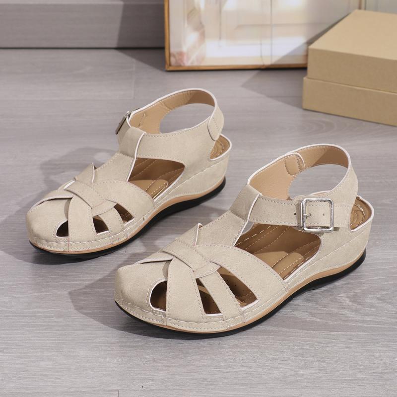 Casual Hollow Out Close Toe Gladiator Sandals Women 2025 Summer Round Toe Low Heel Ankle Strap Sandals Soft Sole Beige Shoes