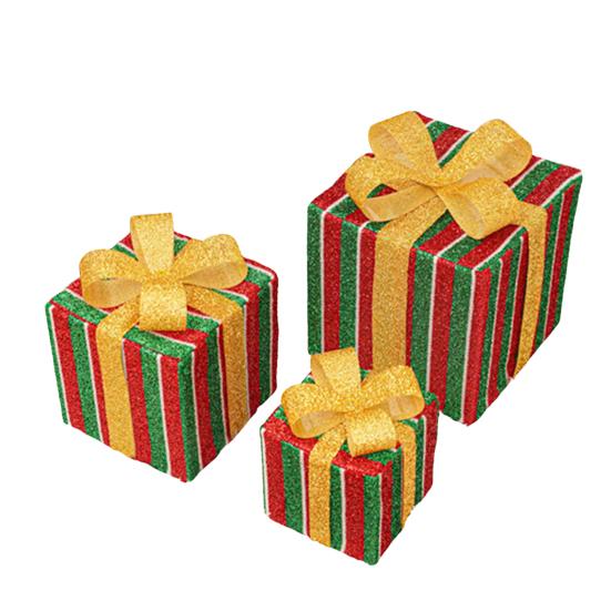 3 Pcs/Set Christmas Lighted Gift Boxes LED Light Up Stackable Nesting Box with Bow for Christmas Indoor Outdoor Home Yard Lawn Decor