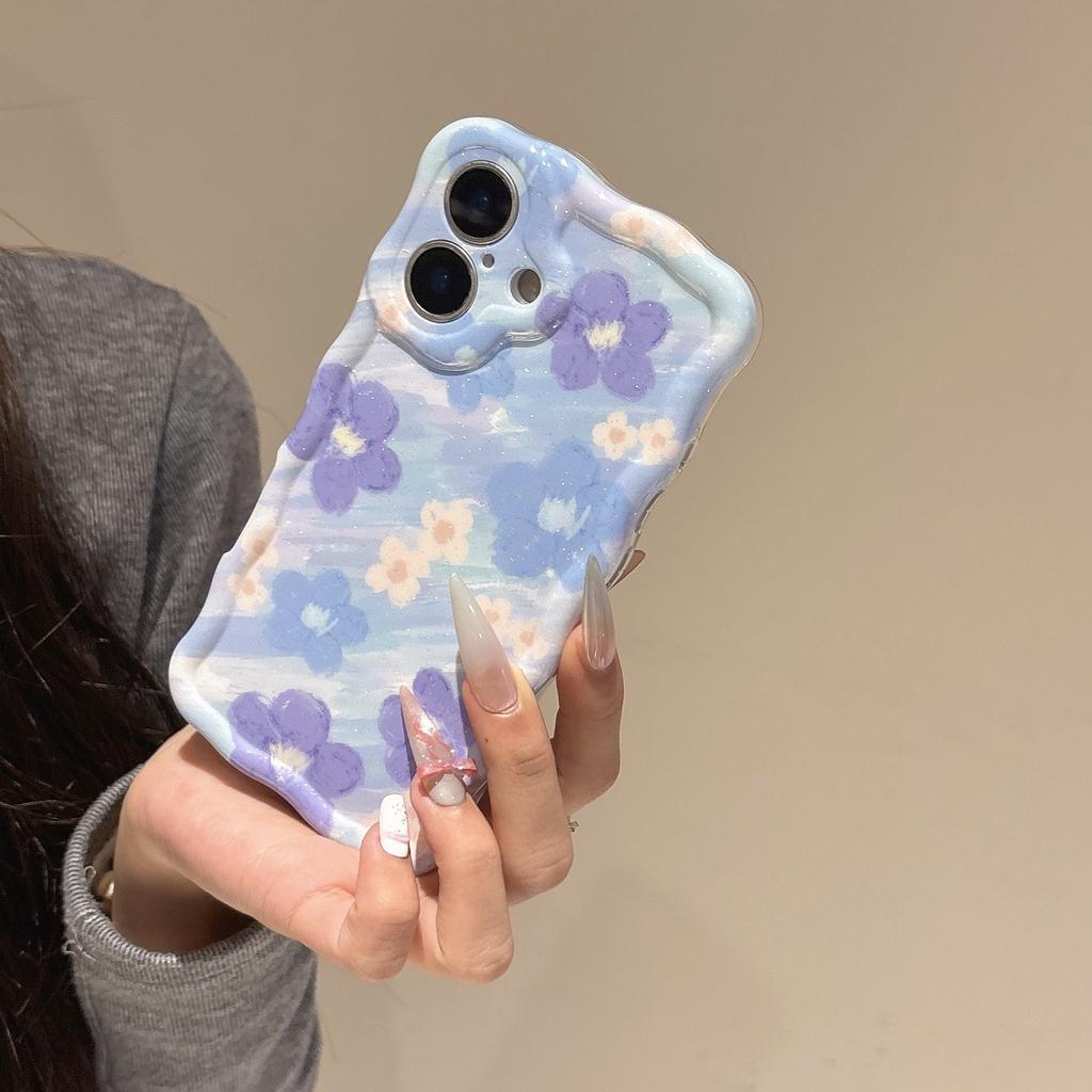 Glitter oil painting blue flower for iPhone16promax iPhone 15 case 14/13 wave IMD case