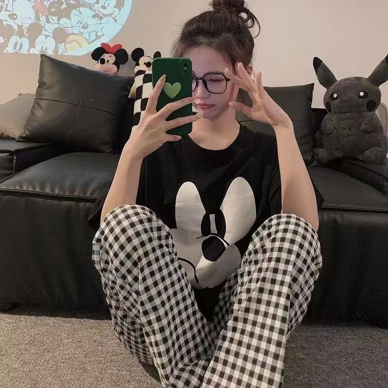 Cartoon Mickey Korean Plaid Control Pajamas Women's Summer Simple Casual Round Neck Short-sleeved Loungewear Suit Can Be Worn Outside