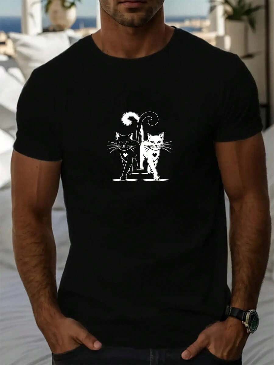 

Unisex S Casual T-Shirt With Cat Tail Hook Pattern - Summer Short Sleeve Round Neck Solid Color Knit Fabric - Adult Unisex Regular Fit L