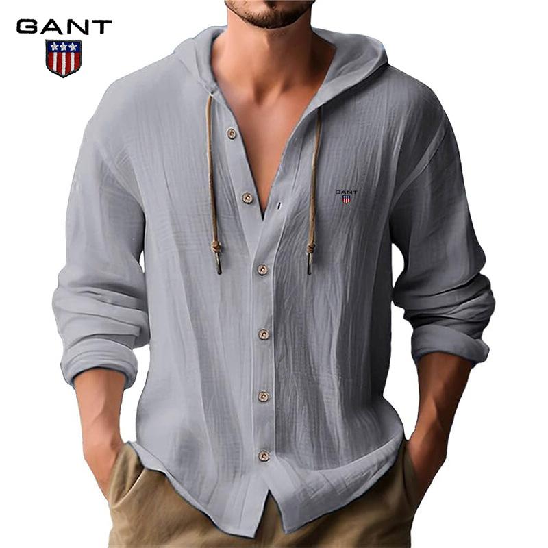 Gant Embroidery Men's Solid Color Casual Long Sleeved Shirt Hooded Drawstring Cotton and Linen Cardigan Trendy Versatile Loose Beach T-shirt