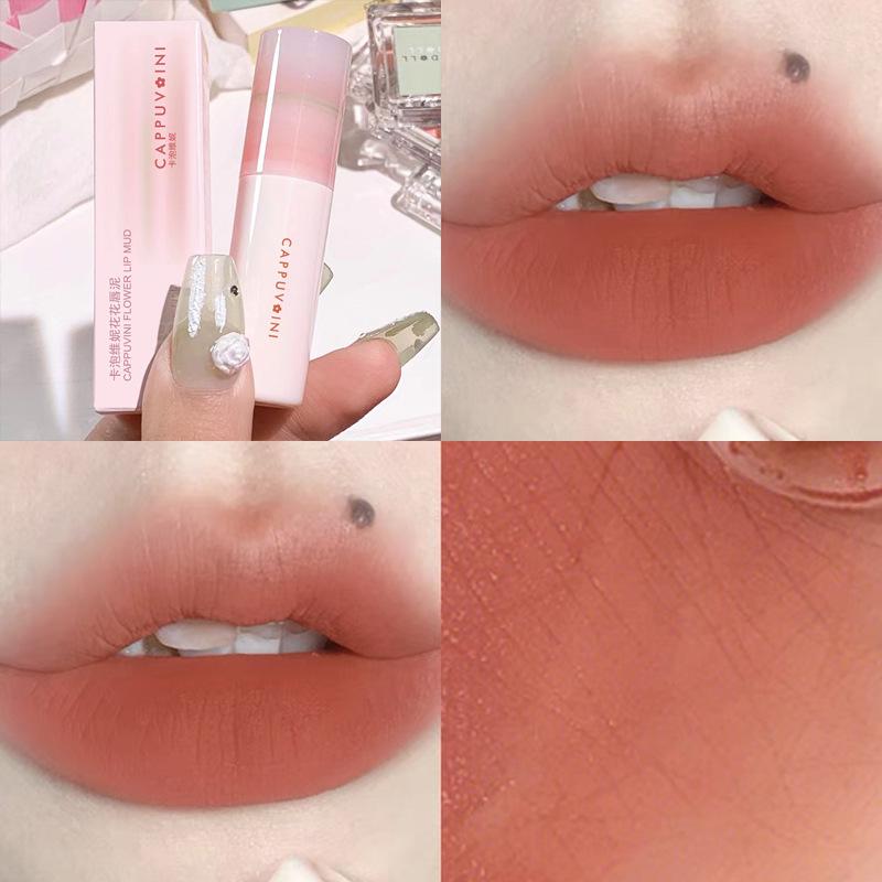 Cappuvini Floral Matte Velvet Lip Mud - Airy Whitening Marshmallow Gloss in Little Milk Tube.