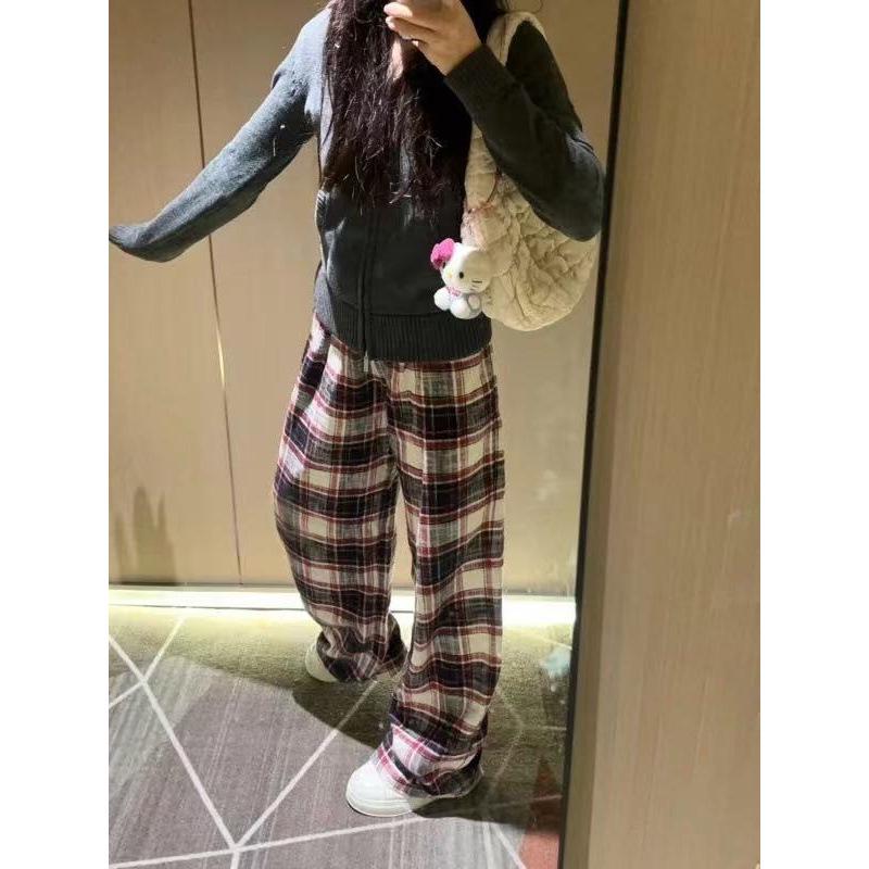 Women's Plaid Wide-Leg Retro Pants - Tall, Floor-Length Casual for Spring & Autumn