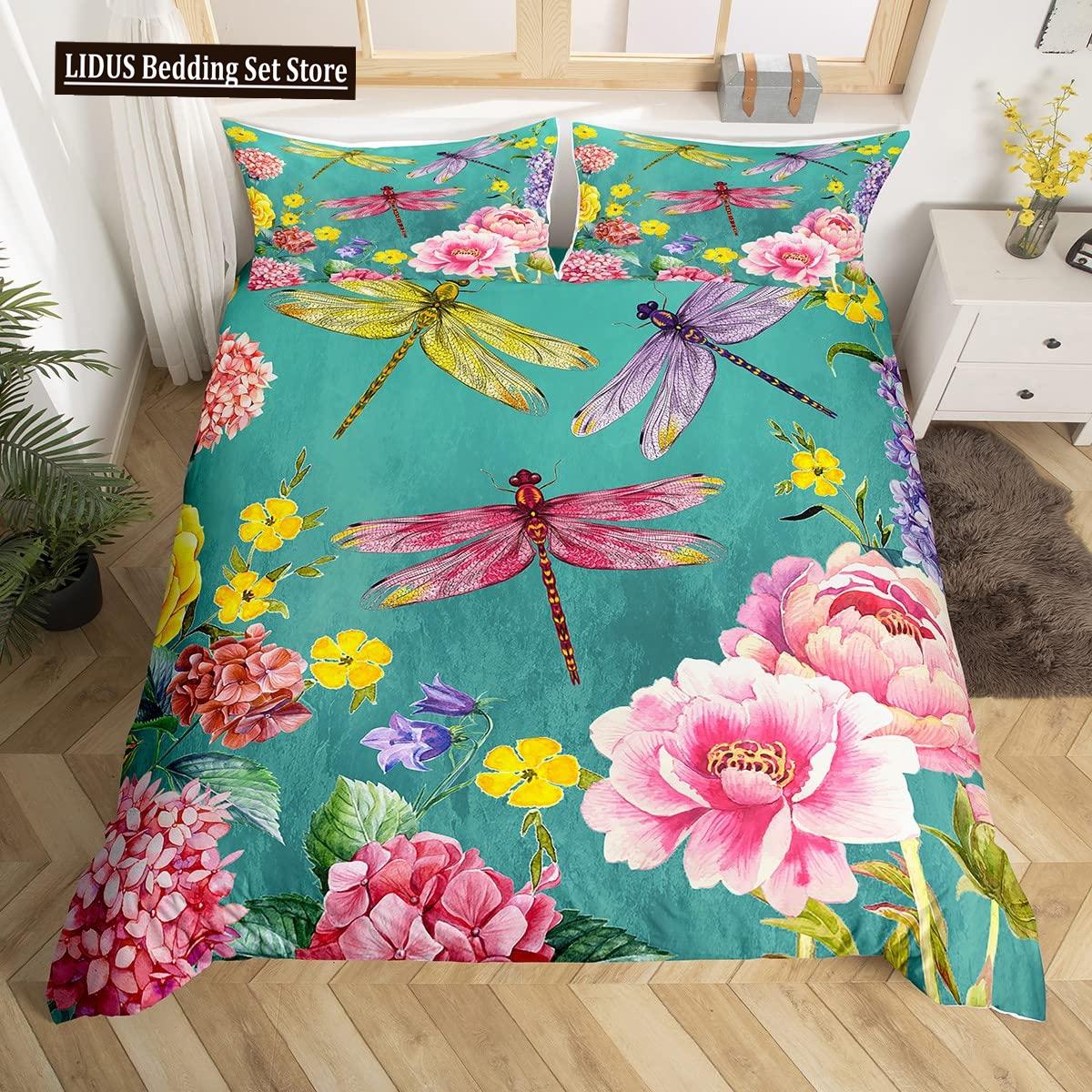

Butterfly Dragonflies Duvet Cover Set Dandelion Bedding Set Dragonfly Gift For Women Girl,Flowers Botanical Weed Comforter Cover EU single(135x200cm)