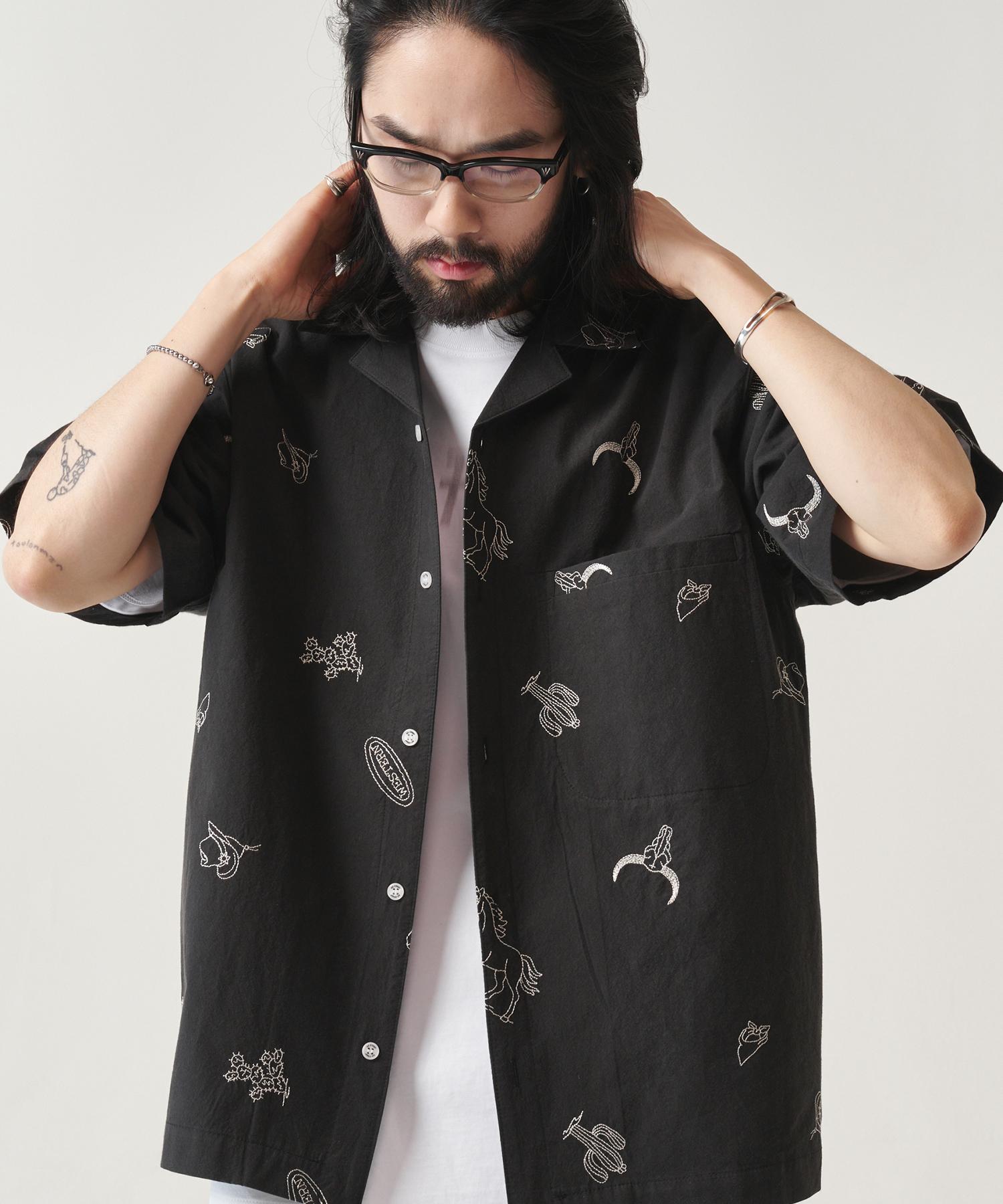 Ghost Street Open Collar Western Embroidered Shirt Black M