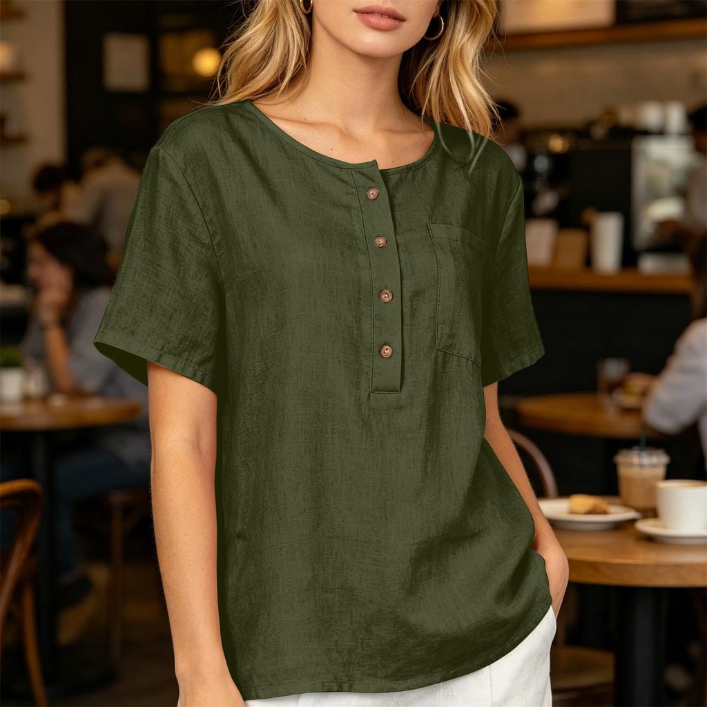 Women Henley Neck Button Down Short Sleeve Shirt Casual Linen Cotton Top with Chest Pocket for Daily Wear