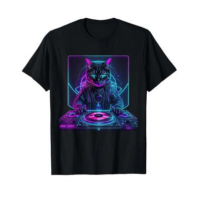 DJ Cat Funny House Meow Music Party EDM Techno T Shirt Vintage Washed Graphic Stylish Breathable Homme Unisex Stretched Casual
