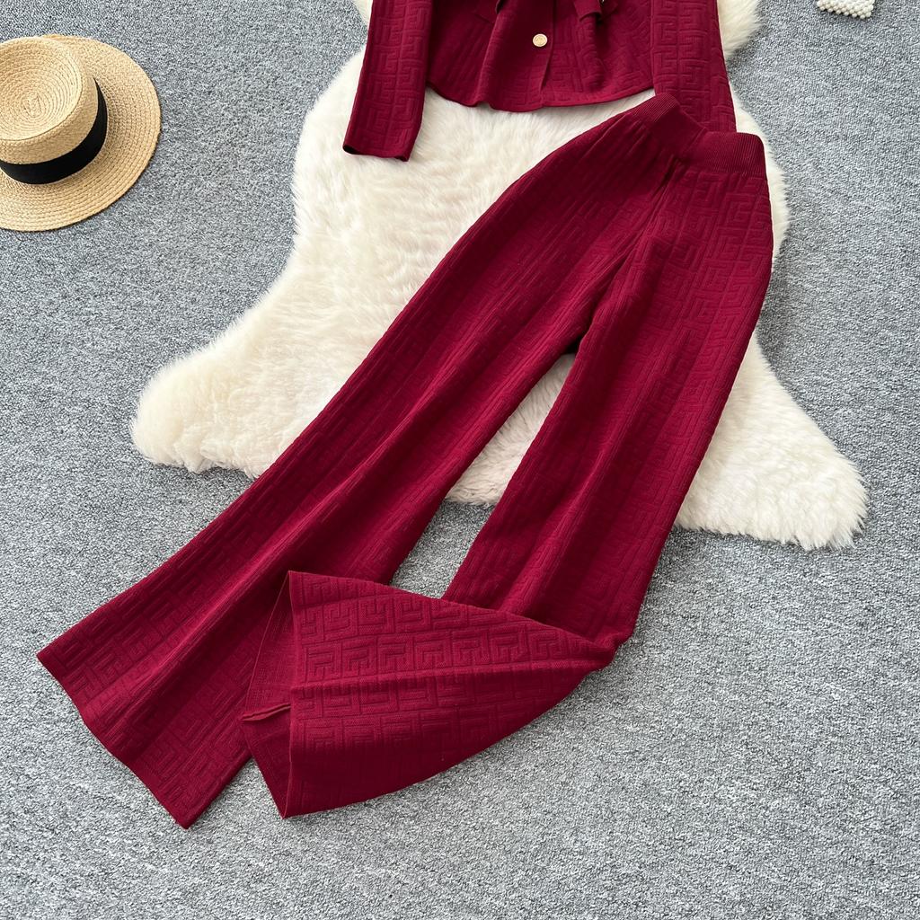 Herbst Winter Damen Vintage Designer Strickpullover Hose Zweiteiliges Set Blazerkragen Jacke Mantel und Weitbeinige Hose Trainingsanzug