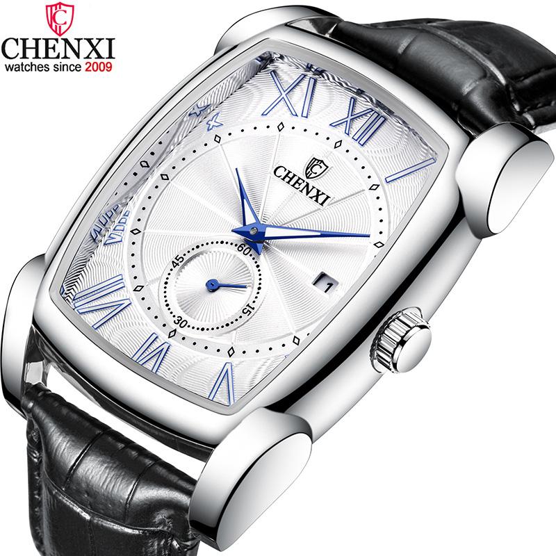 Luxury Retro Men Square Watches CHENXI Silver Waterproof Genuine Leather Men Watches Roman Numerals Stop Watch Calendar Unique