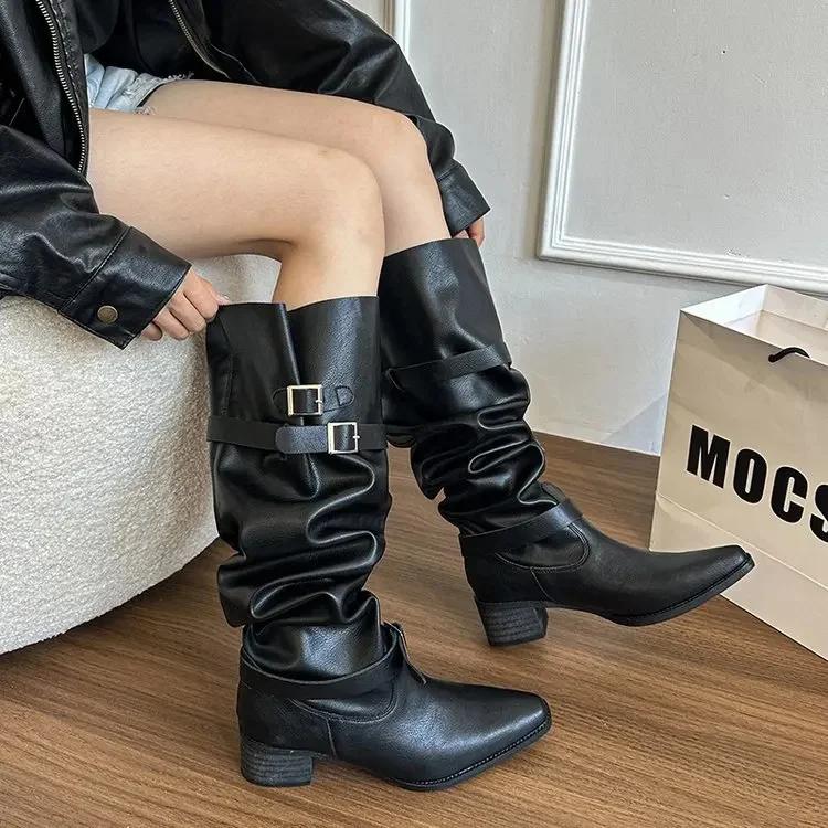 Modne damskie kozaki do kolan ze szpiczastym noskiem, w stylu retro, na grubym obcasie, wyszczuplające, z szeroką cholewką, jesienno-zimowe, nowy styl, materiał poliuretanowy