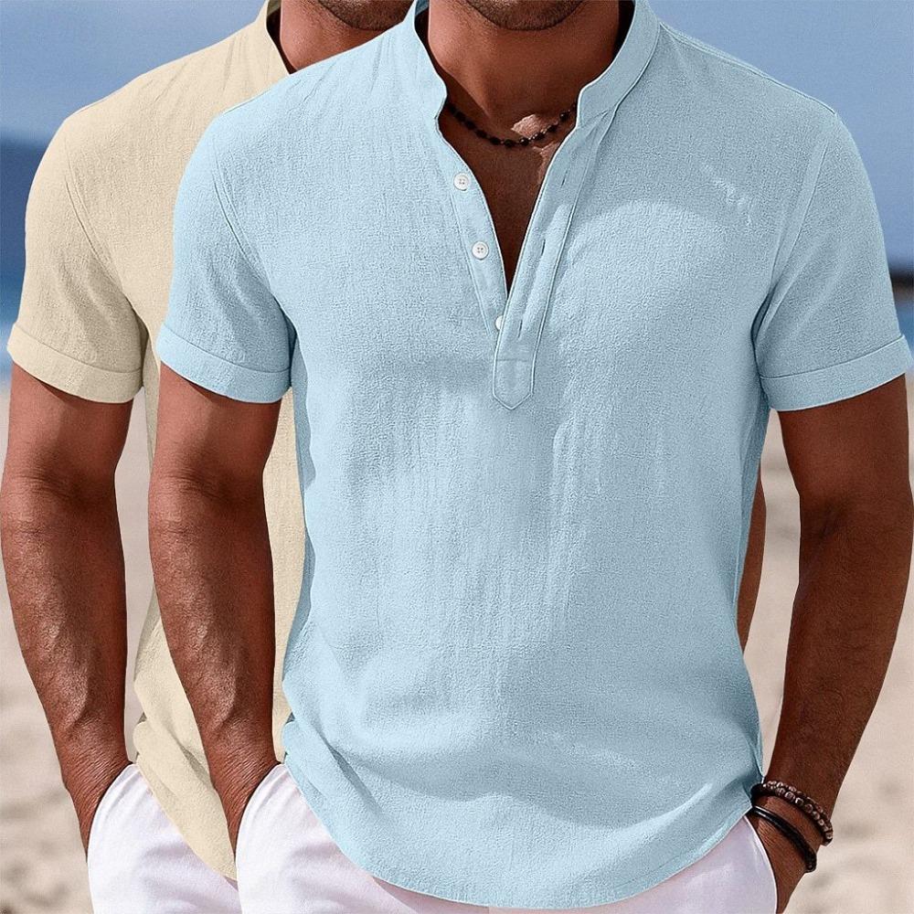 Men s Cotton Short-sleeved Button-down Collar Stand-up Collar Casual Summer Home Wear Daily Shirt (two Pieces) S